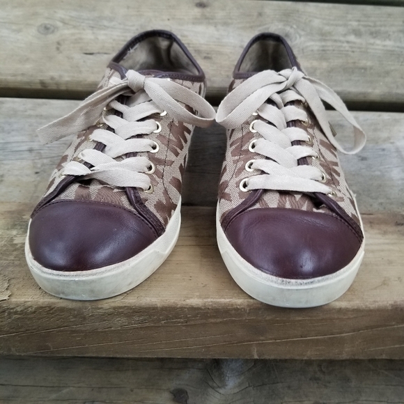 Michael Kors MK Logo Tan Canvas Brown Leather Low Top Cap Toe City Sneaker 8 - Picture 3 of 9